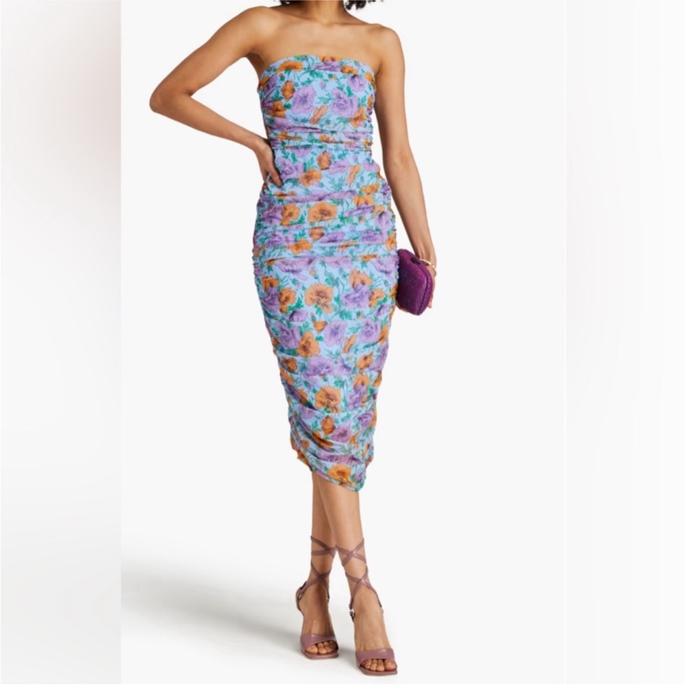 Veronica Beard Blue and Orange Ruched Strapless Bodycon Dress